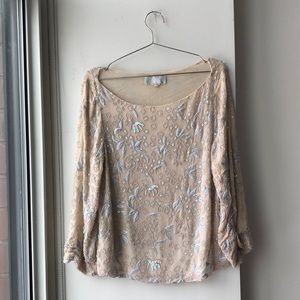 Badgley Mischka Embroidered Beaded Silk Wide Neck Top!